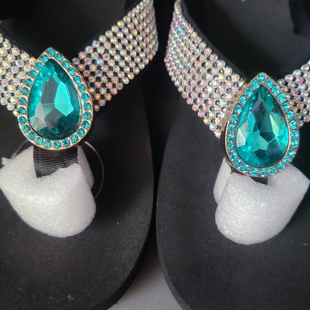 Blue Rhinestone Tear Drop Silver Love Flip Flops Size 9